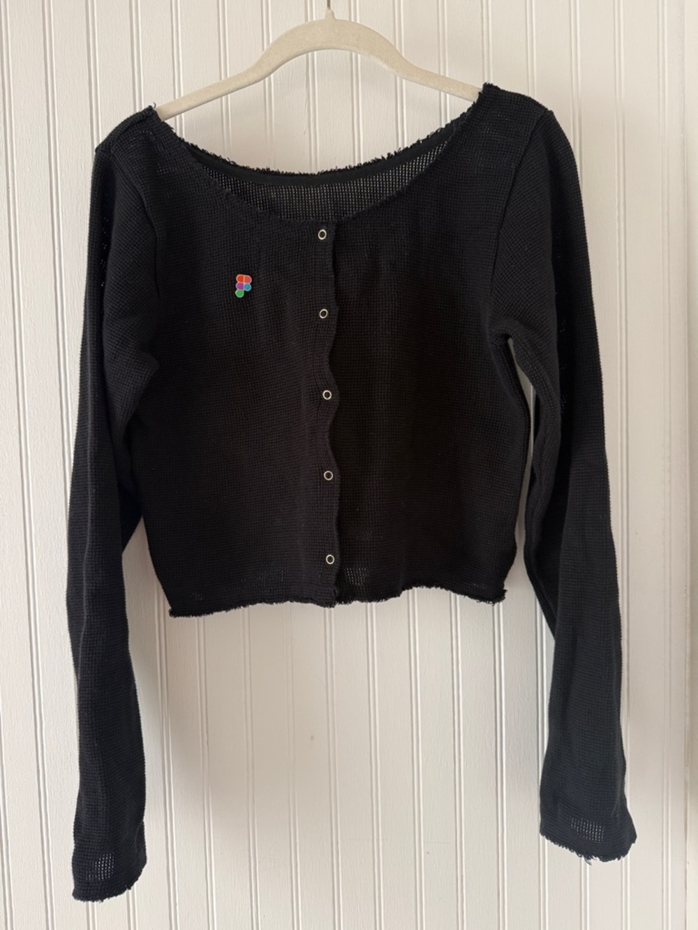 Waffle knit Black Button-Front Cropped Cardigan